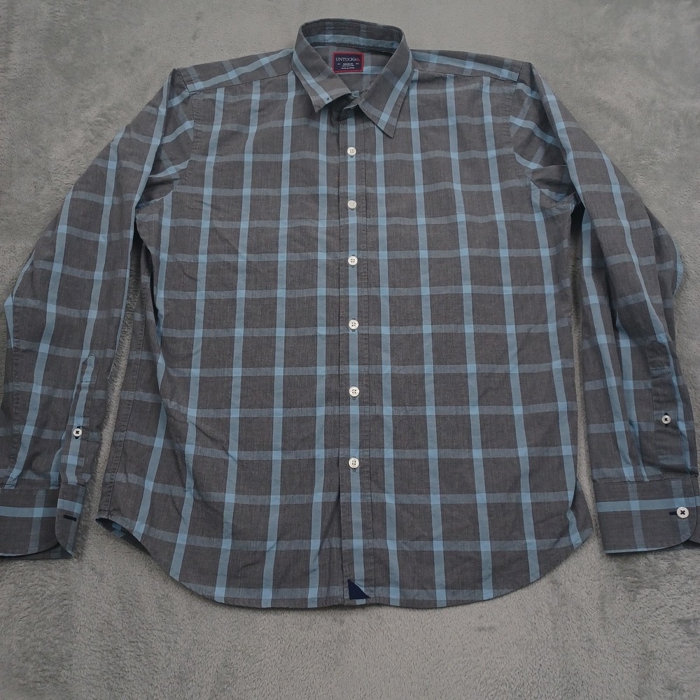 Untuckit Shirt Mens Medium Gray Plaid Preppy Casual Button Up Long Sleeve